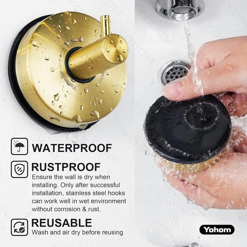 OHOM Suction Cup Hooks for Shower Towel Holder Stainless Steel Vacuum Bathroom Shower Hook Suction Washcloth Hanger Kitchen Towel Rack for Robe Loofah Wreath Glass Door Window Wall Brushed Gold 2Pcs - Image 3